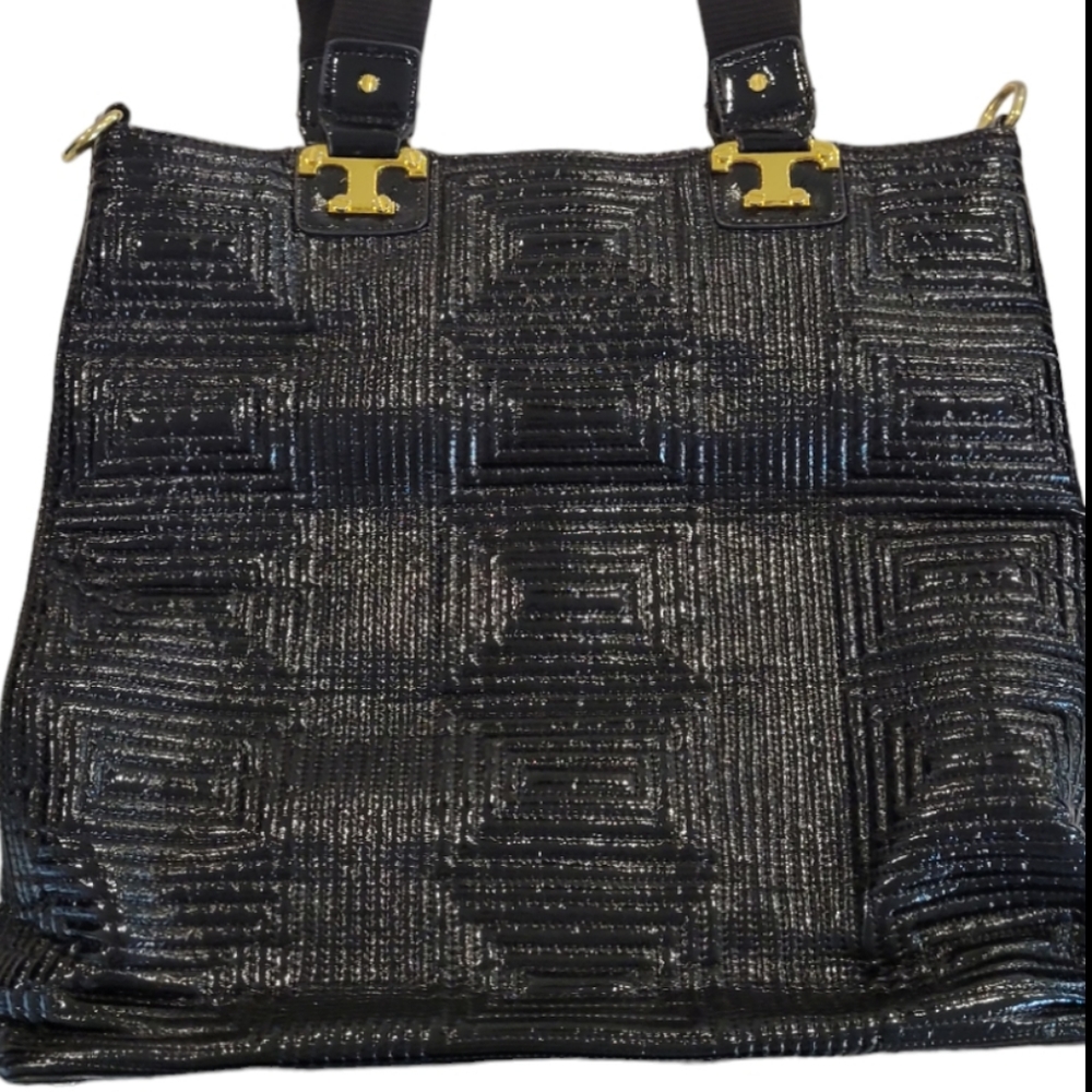 Black Patent Bag/Tote with gold hardware and zip closure.